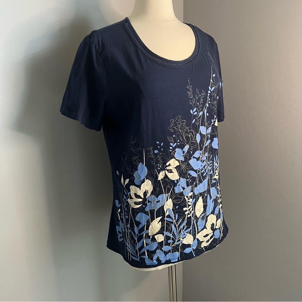 Cappagallo L Navy Blue Floral Short Sleeve Shirt Tee T-Shirt - Picture 5 of 11